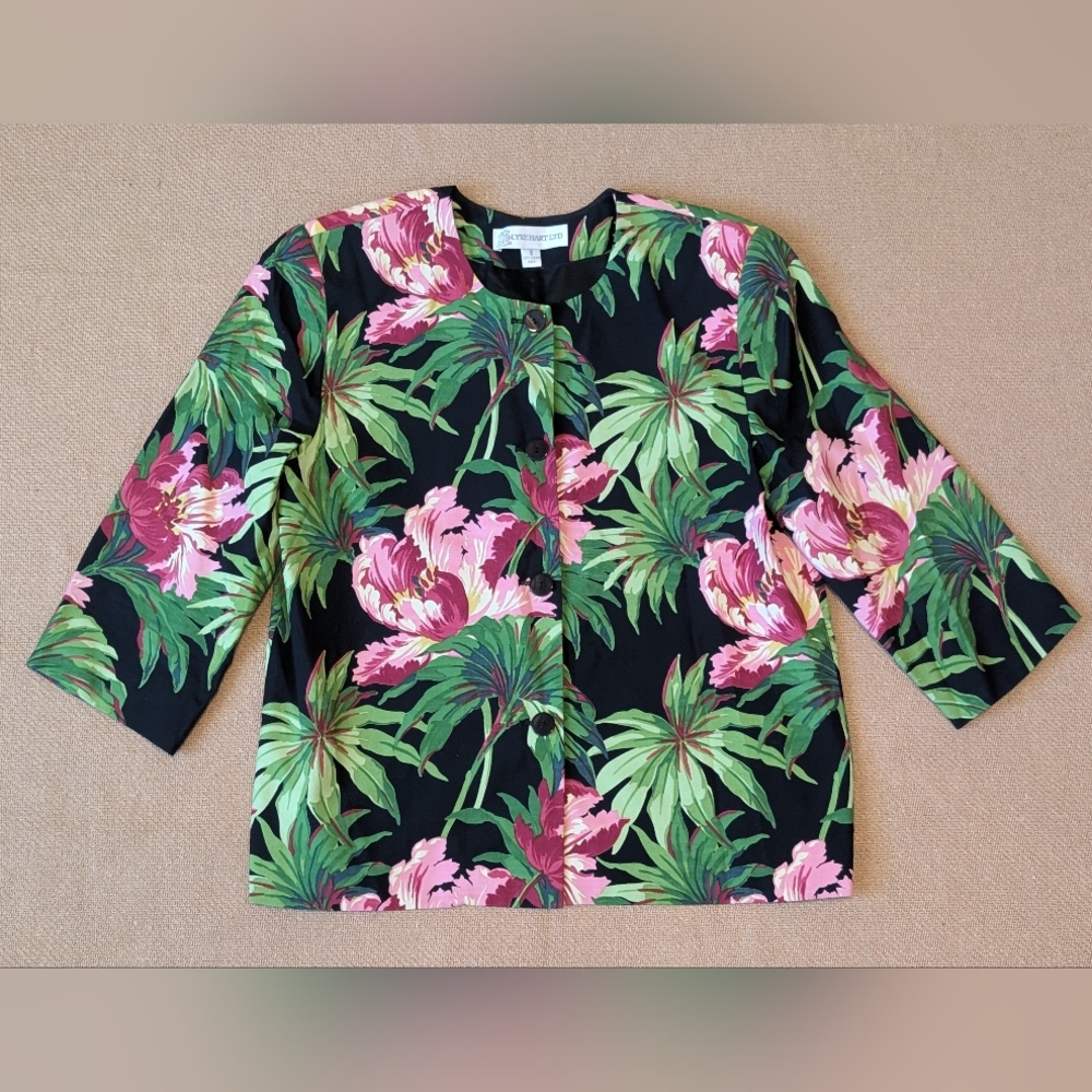 Vintage Ilyse Hart Ltd Tropical Floral Rayon 3/4 Sleeve Blazer Jacket